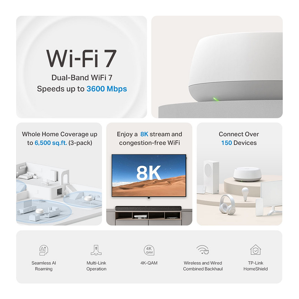 TP-Link Deco BE22 (3-Pack) BE3600 Wi-Fi 7 Mesh – Dual-Band, 2882Mbps 5GHz + 688Mbps 2.4GHz 3