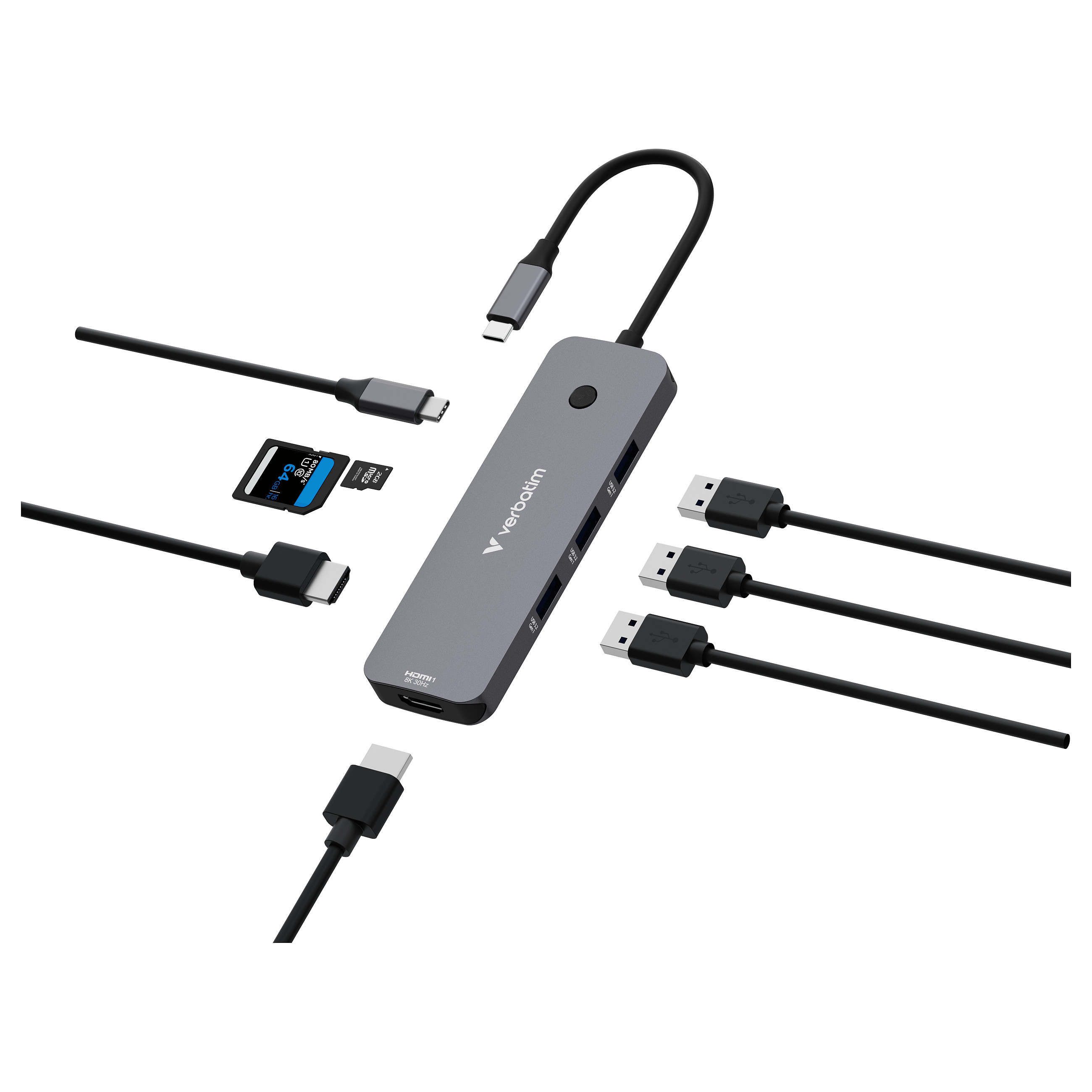 Hub Verbatim USB-C CMH-09, 1× HDMI, RJ-45, 3× USB-A, 2× USB-C, SD, microSD - Hiri 5
