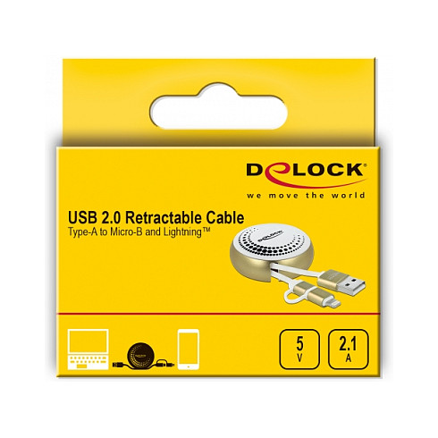 Kabllo USB DeLOCK 85820, USB 2.0 Type-A mashkull në Micro-B mashkull dhe Lightning mashkull, kabllo e tërheqshme 2 në 1, 0,92 m - Bardhë/Ari 5