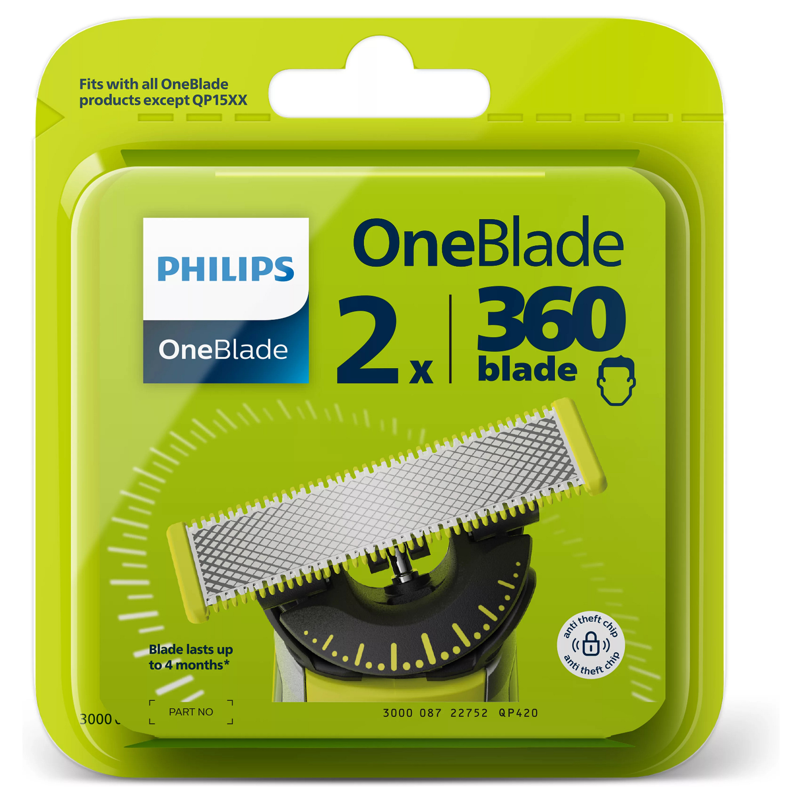 Teh zëvendësues për makinë rroje Philips OneBlade 360 QP420/50 / 360 Blade / Anti-Friction / Dual Protection / Contour-Following / 2 Copë - Zezë/Argjend/Gjelbër 4