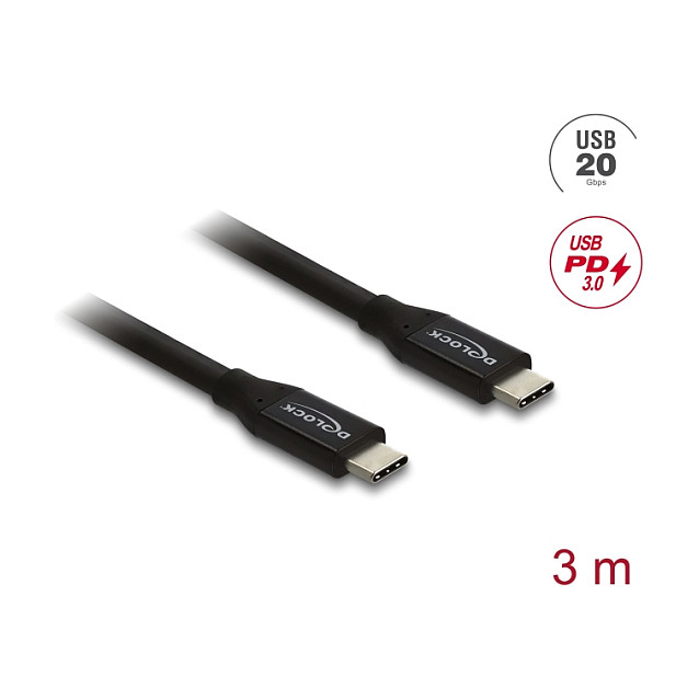 Kabllo USB DeLOCK 81708, USB-C në USB-C, 3 m, USB 20 Gbps, 60 W, DisplayPort 4K 144 Hz - Zezë 2
