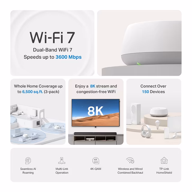 TP-Link Deco BE22 (3-Pack) BE3600 Wi-Fi 7 Mesh – Dual-Band, 2882Mbps 5GHz + 688Mbps 2.4GHz 3