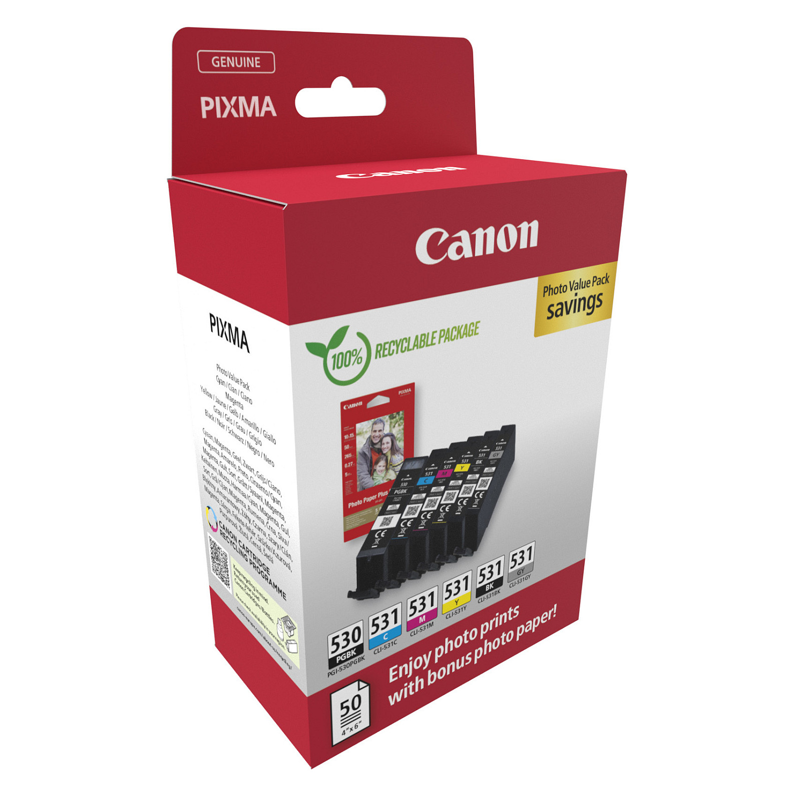 Set Ink Canon PGI-530/CLI-531 PVP 6117C004, 6 fishekë boje dhe 50 fletë letër fotografike 2
