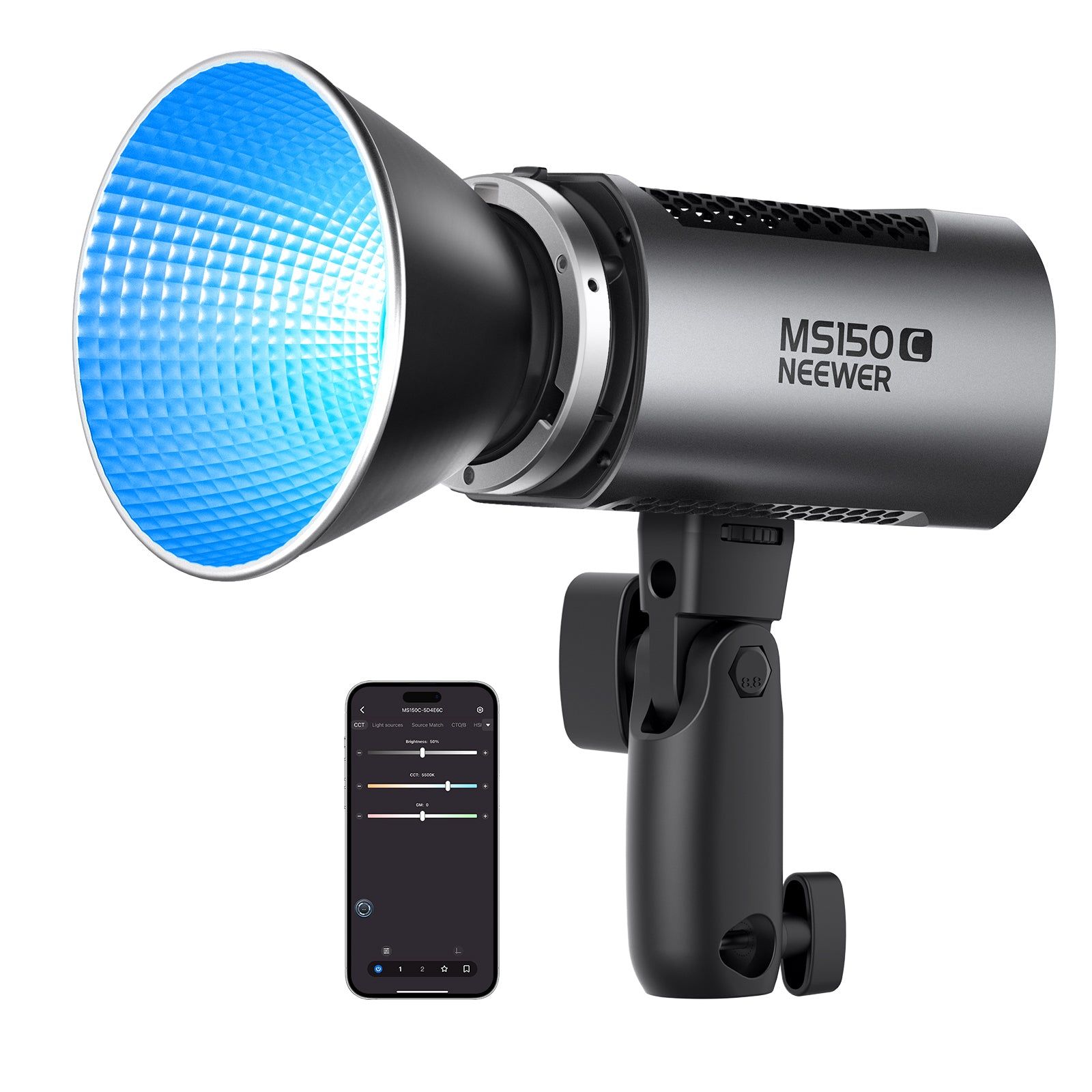 Dritë e Mençur Neewer MS150C, RGBWW, 150W, 16600Lux, 2700-6500K, CRI 97+, TLCI 98+, Bowens Mount - Zezë