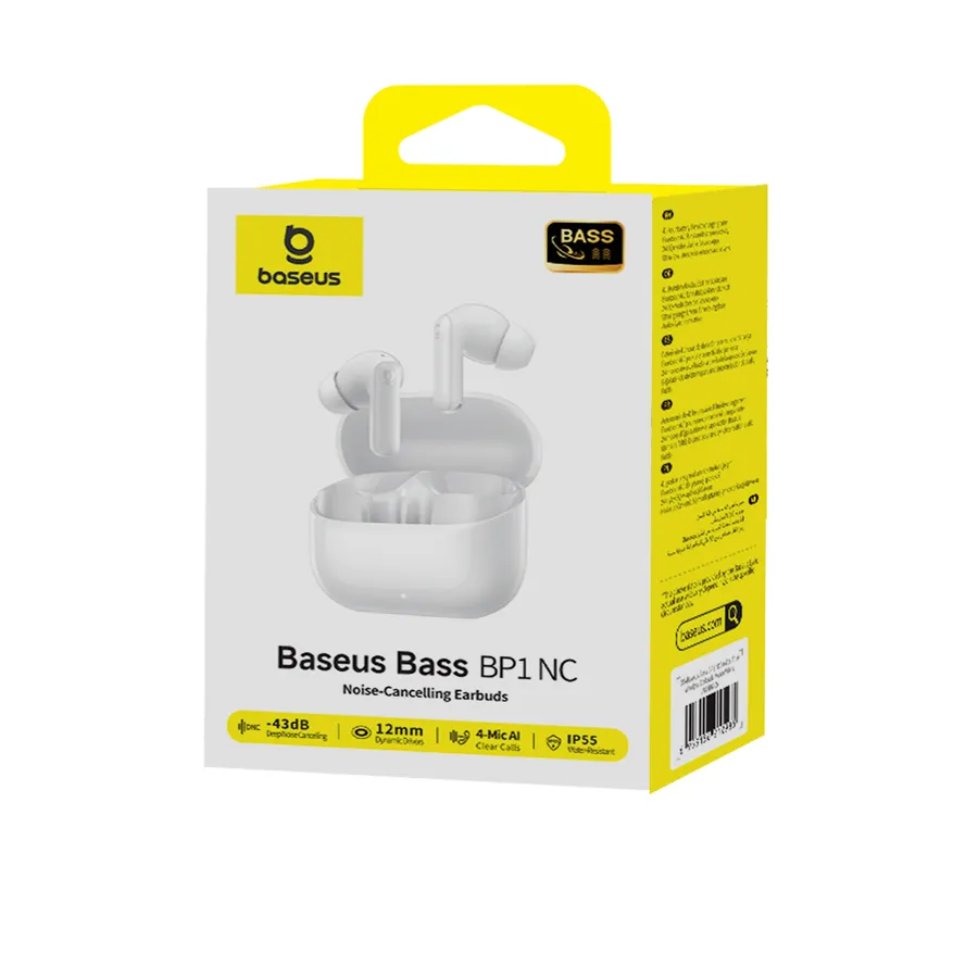 Kufje pa kabllo Baseus Bass BP1 NC / In-Ear / Bluetooth 6.0 / 12 mm / ANC / Multipoint / 4 Mikrofona / Low Latency – Bardhë 3