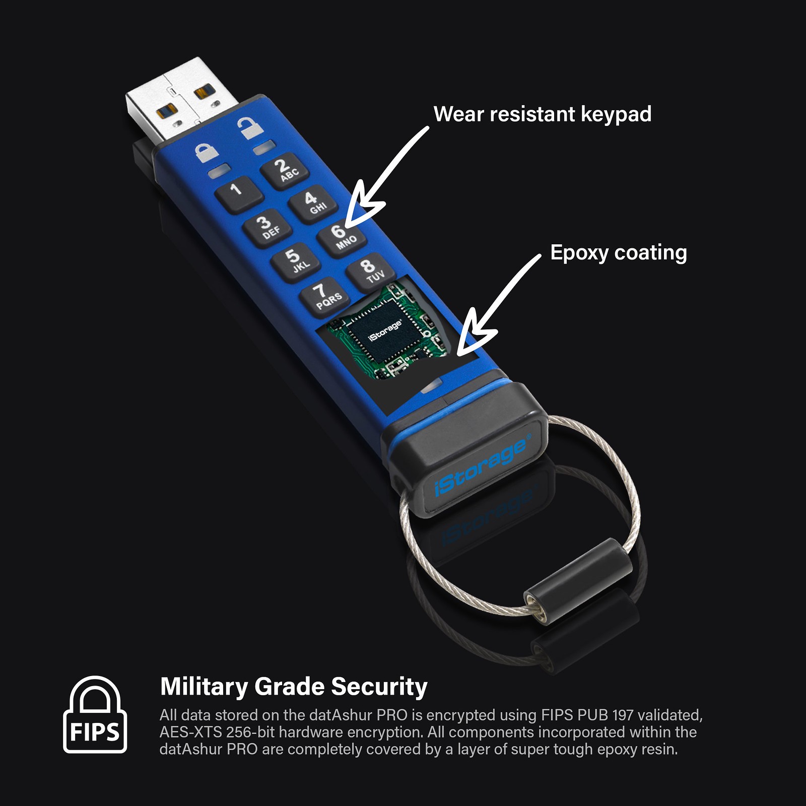 USB Flash Drive iStorage datAshur Pro / 32GB / USB Type-A / USB 3.2 Gen 1 - Blu thumbnail 3
