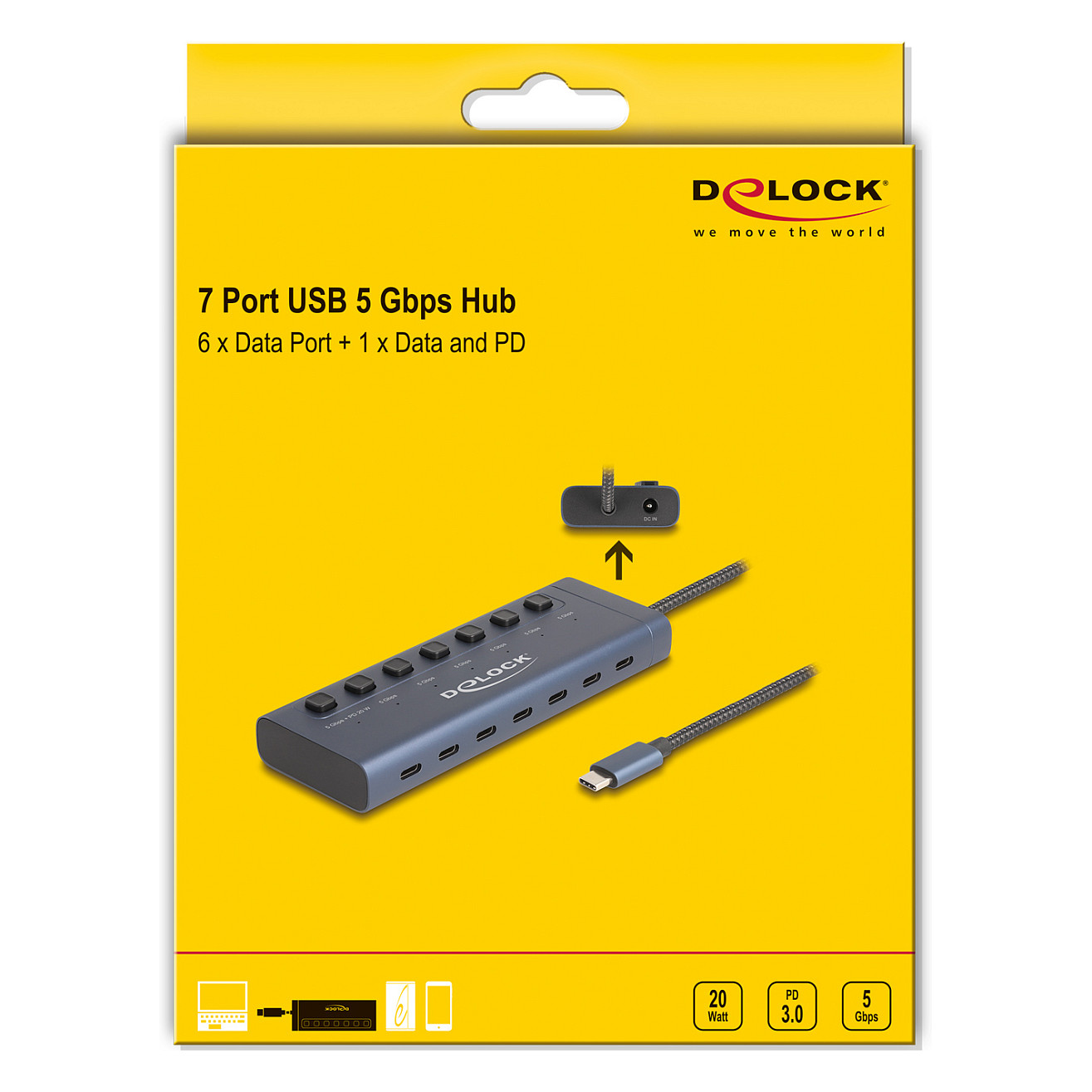 HUB DELOCK USB 3.1 / 7 Porta Type‑C (6x Data, 1x Data + PD 20W) - Blu thumbnail 4