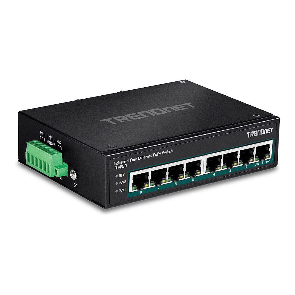 TRENDnet TI-PE80 8-Port Fast Ethernet PoE+ Industrial Switch 200W DIN-Rail Unmanaged thumbnail 2