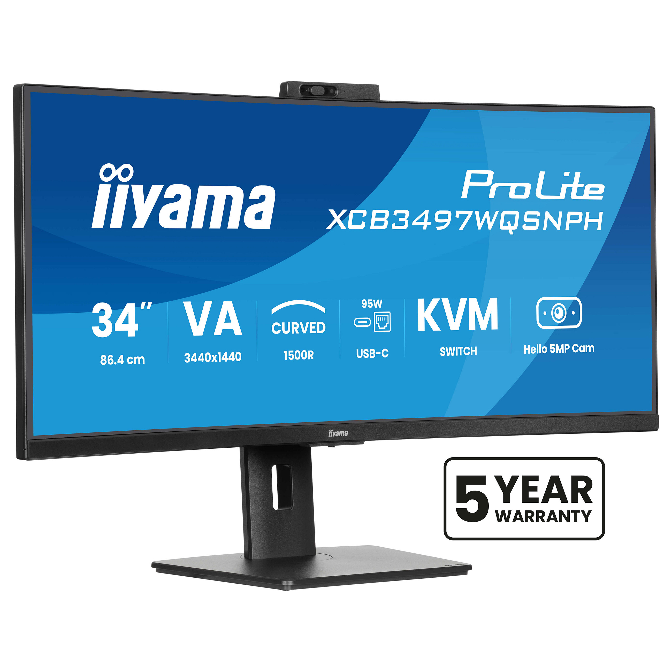 Monitor i lakuar Iiyama ProLite XCB3497WQSNPH / 34" UltraWide Quad HD VA 120 Hz 0.4 ms Curved / DisplayPort, HDMI, USB, USB Type-C / e zezë