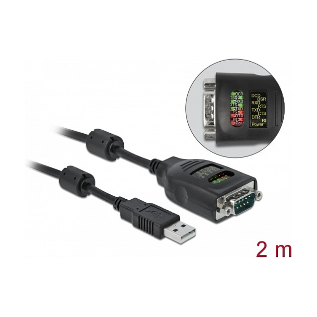 Kabllo USB DeLOCK 90497 / USB Type-A në Serial RS-232 / DB9 / FTDI / 460.8 Kbps / 9 LED / 2 m - Zezë 2