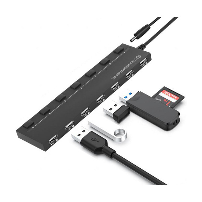 Hub USB Conceptronic HUBBIES08BP, 7x USB 2.0, 480Mbps, furnizim i jashtëm, çelësa individualë - Zezë 5