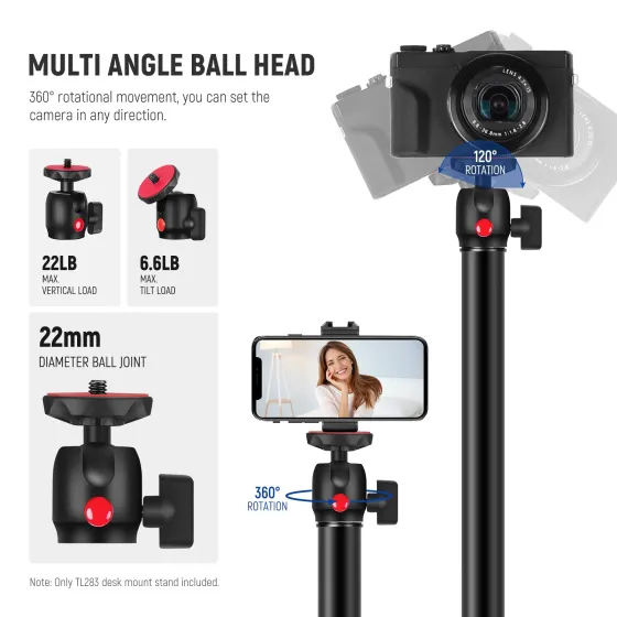 Tripod për Kamerë Neewer TL283, Teleskopik, 43-102cm, Ball Head 360°, Kapacitet 3kg, Klemë C - Zezë 3