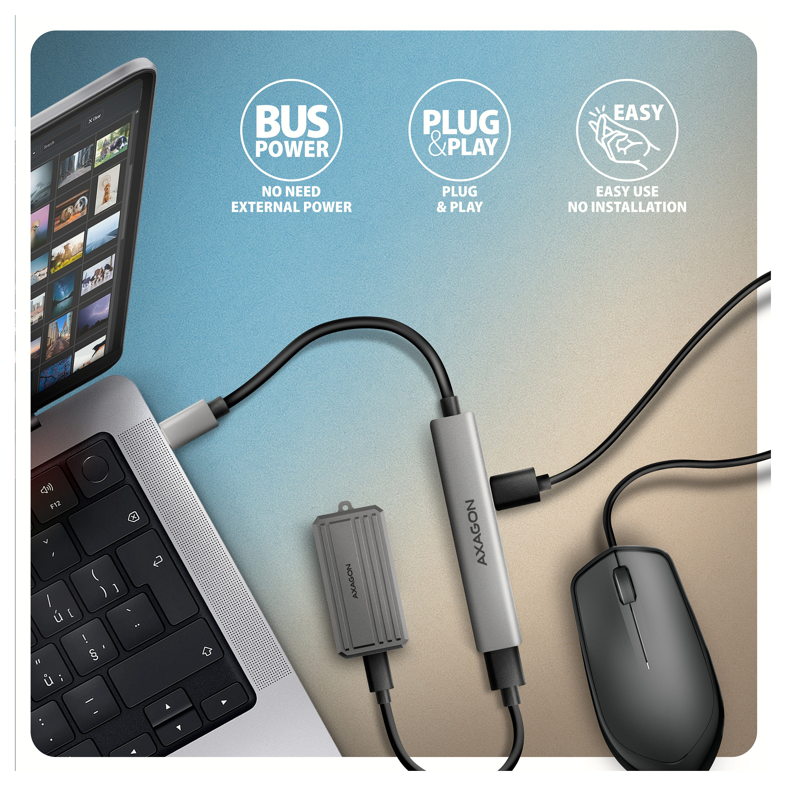 Hub USB-C AXAGON HUE-STC, 1x USB-A 5Gbps, 2x USB-A 480Mbps, 1x USB-C 480Mbps, kabllo 12 cm - Hiri 4