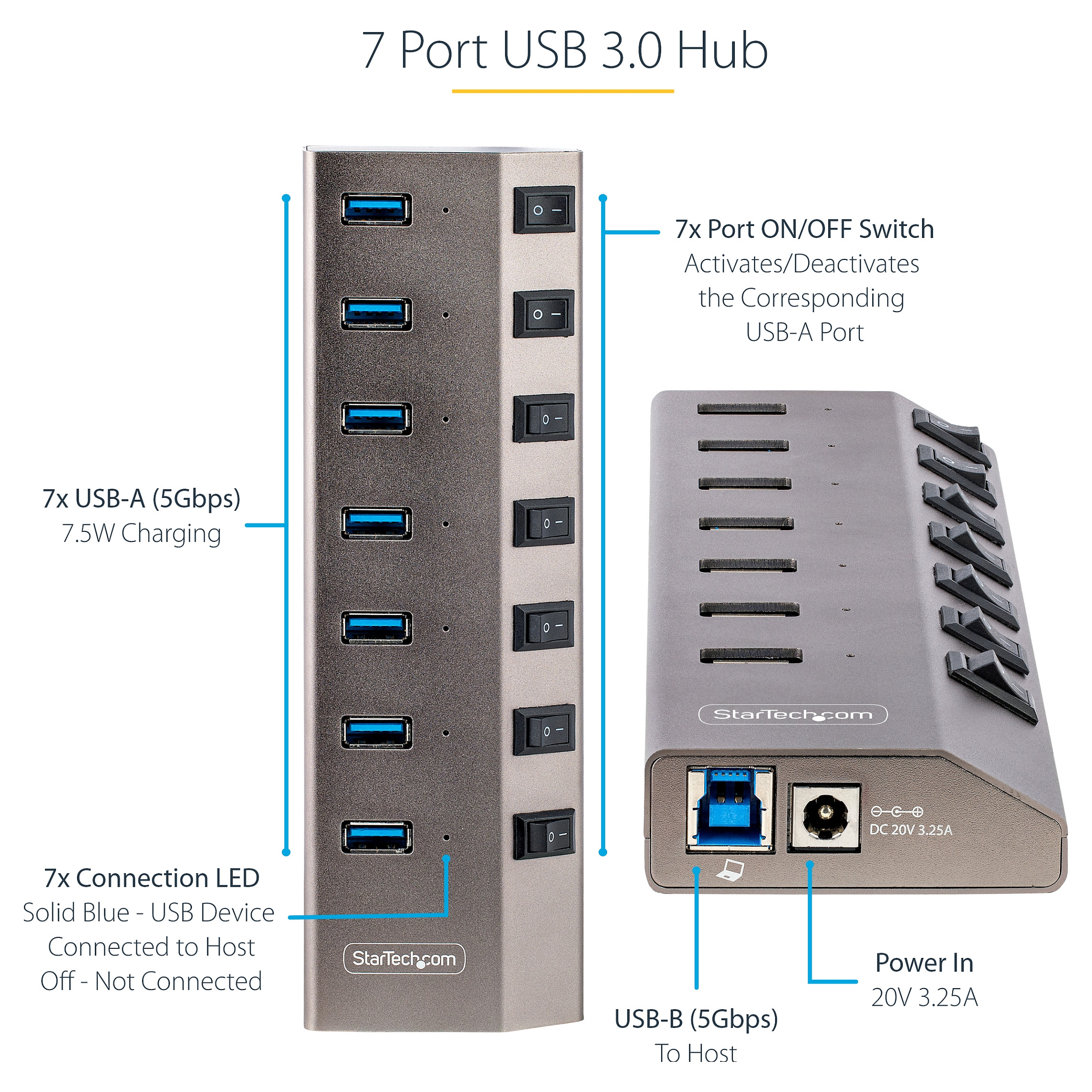 Hub USB StarTech.com 5G7AIBS-USB-HUB-EU, 7× USB-A, USB 3.2 Gen 1, 5 Gbps, Ndërprerës Individualë, Adapter 65 W – Gri 8