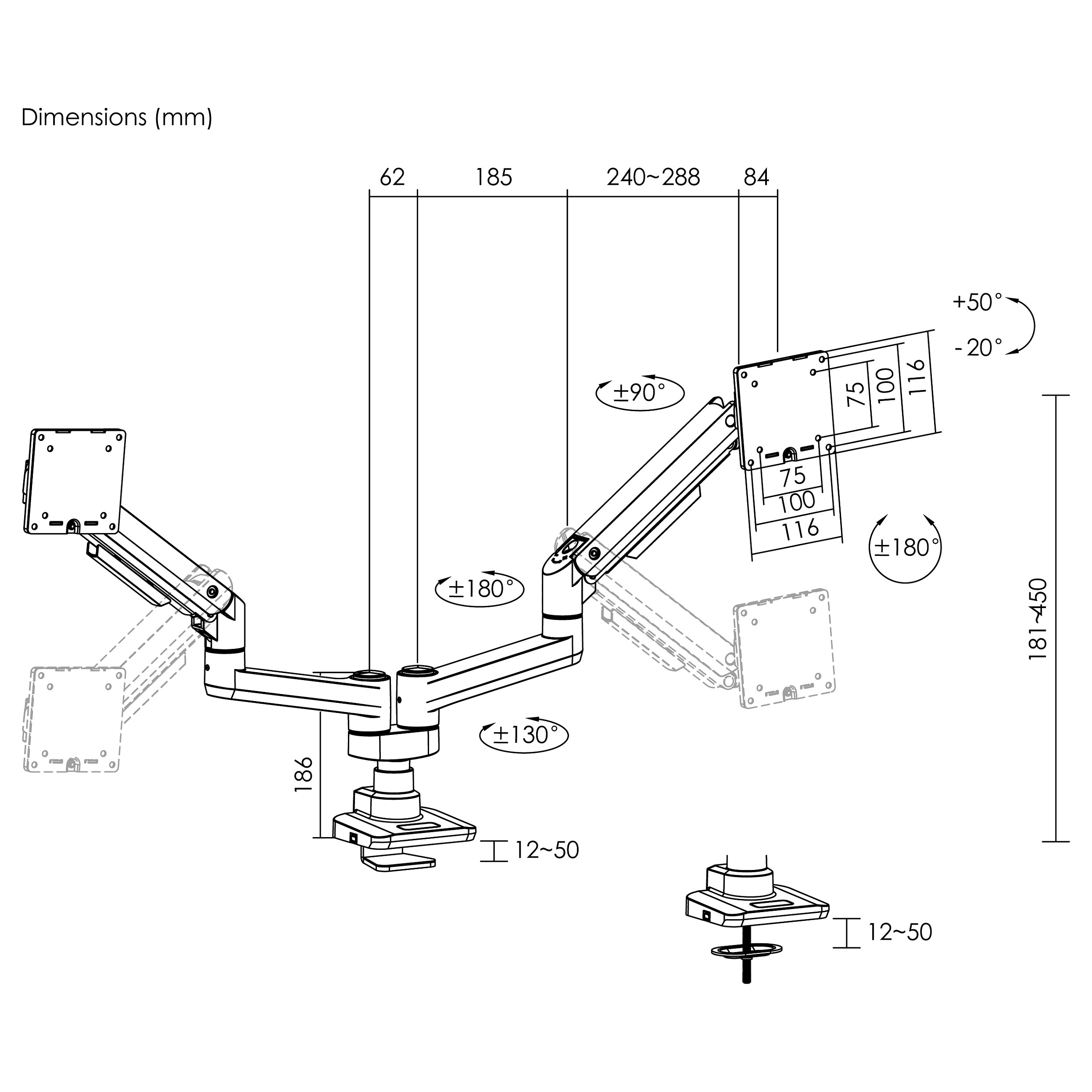 Mbajtëse për Monitor Equip 650182, 2 Monitorë, 17"–35", 20kg për Monitor, VESA 75×75mm/100×100mm - Zezë 5