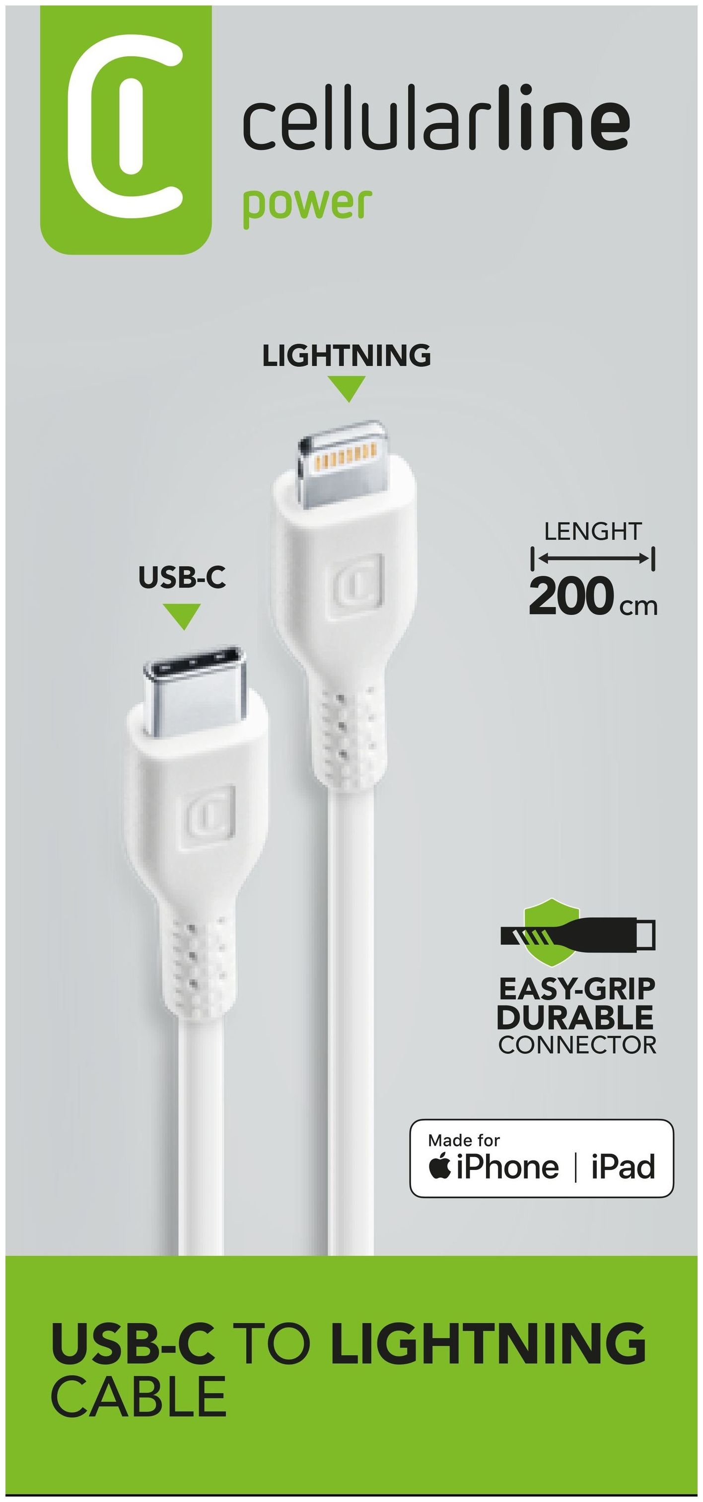 Kabllo USB‑C Lightning Cellularline / 2m – Bardhë