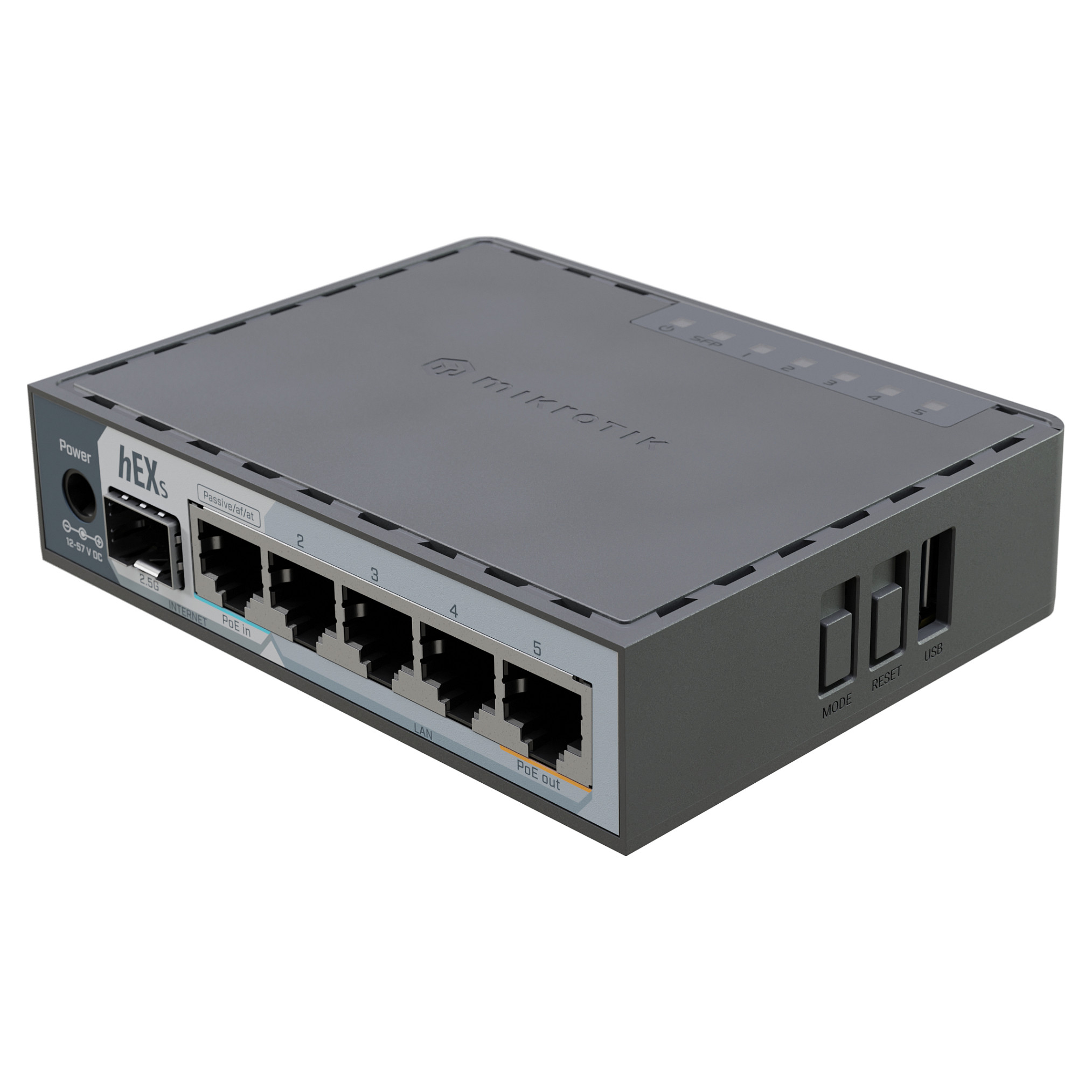 MikroTik, hEX S (2025), Ruter, 5× Gigabit Ethernet, 1× 2.5G SFP, PoE-in 802.3af/at, PoE-out, USB 3.0, RouterOS v7, Zezë 2