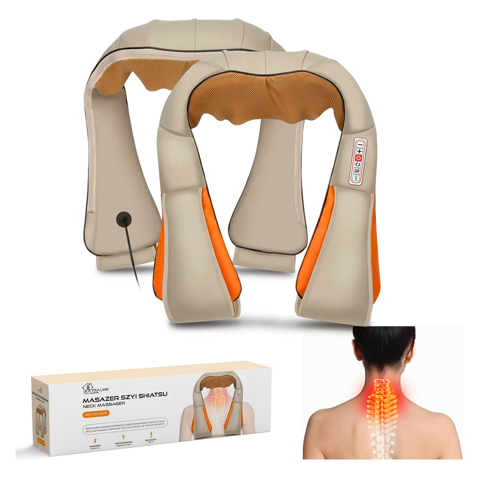 Masazhues për Qafë Extralink Smart Life MSG-05-NECK, 3 Nivele Intensiteti, Funksion Ngrohjeje, 30 W, AC/DC - Kafe , Krem , Portokalli 4