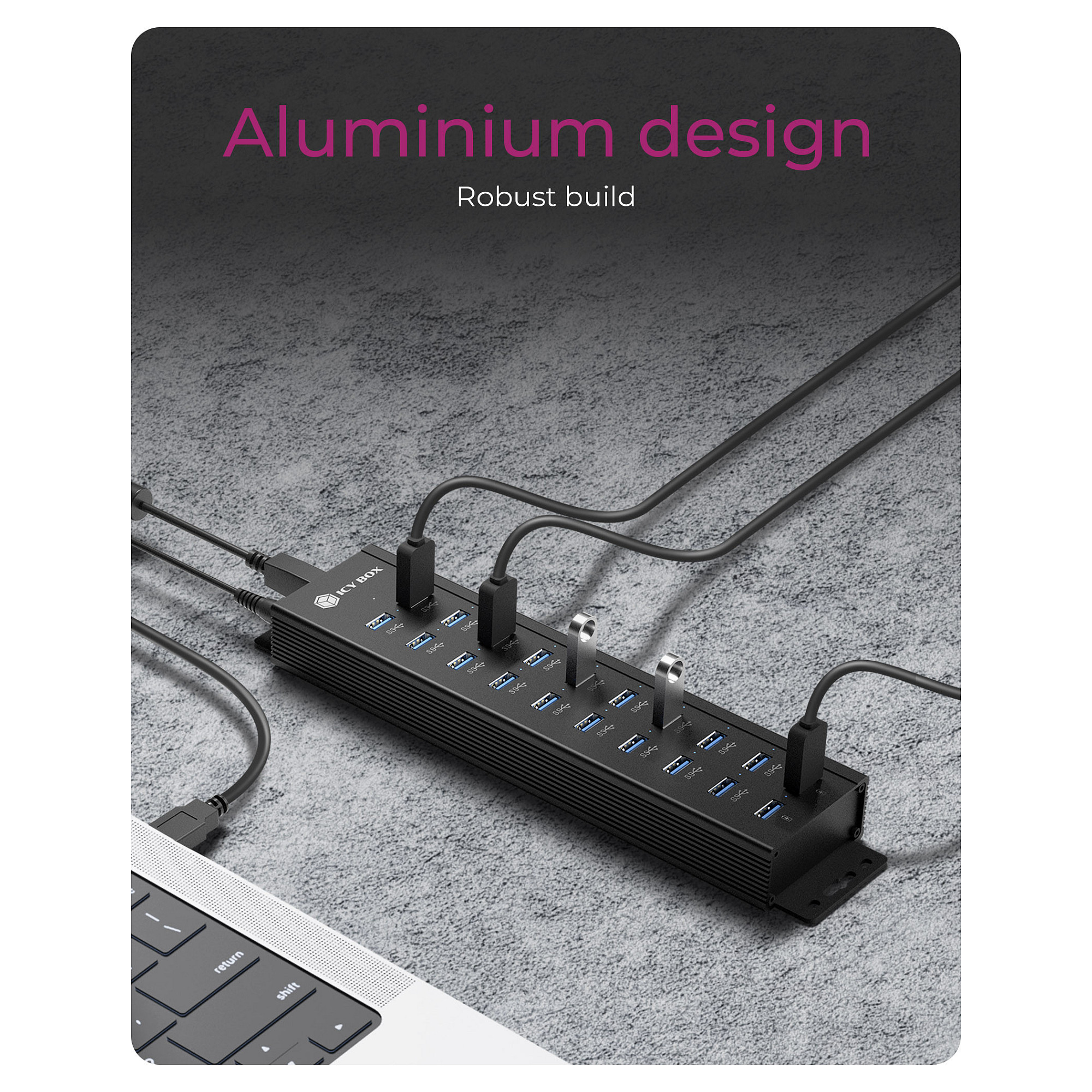 Hub ICY BOX IB-HUB1720-U3, 18x USB-A 3.2 Gen 1, 2x USB-A për karikim, 5Gbps, 15W, USB-B - Zezë 3
