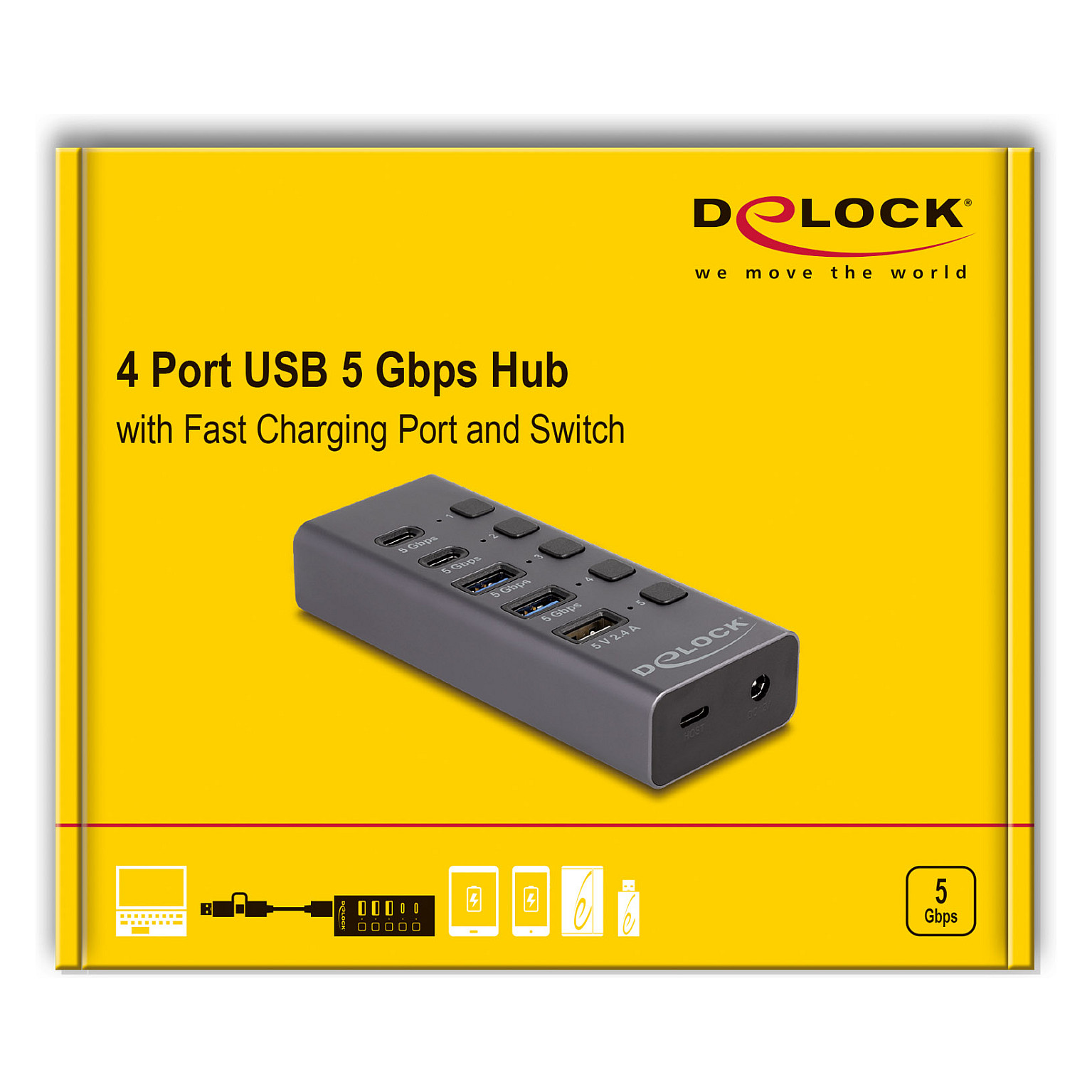 Hub USB DeLOCK 64248, 2x USB-A, 2x USB-C, USB 5 Gbps, Portë Karikimi USB-A 2.4A, 5 Ndërprerës, Kuti Metalike – Gri 4