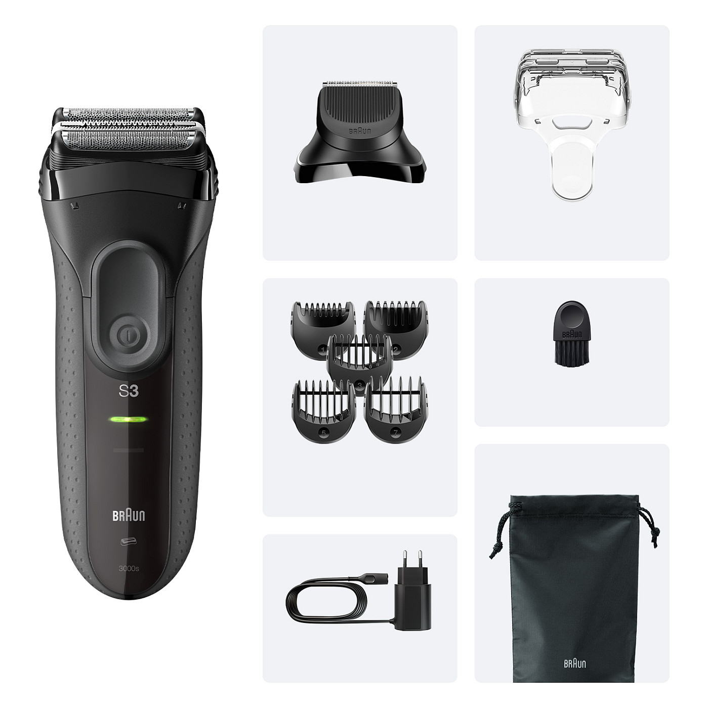 Makinë e Rrojës Braun Series 3 3000BT, 3-në-1, 3 Tehe Fleksibile, MicroComb, 45 Min, 5 Krehëra, 1–7mm, Me Bateri - Zezë 2