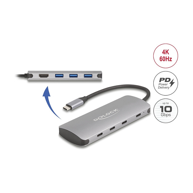 Hub USB DeLOCK 64323 / USB 10 Gbit/s / 3x USB-A + 4x USB-C / HDMI 4K @ 60Hz / Power Delivery 90W / 0.15 m - Gri 2
