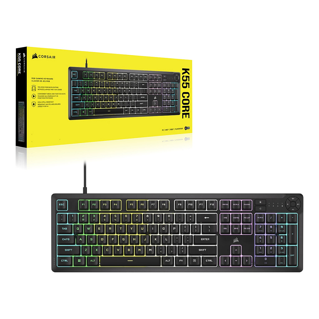 Tastierë Gaming Corsair K55 Core RGB / QWERTZ (DE) / Membrane / 110 Taste / 10-Zone RGB / 1000 Hz / 12-Key Rollover / 6 Makro / USB-A – Zezë 5
