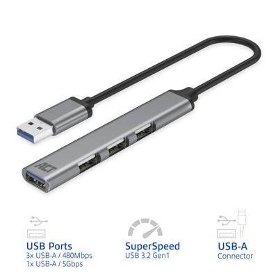 Hub USB-A ACT AC6325, 1x USB-A 3.2 Gen 1, 5 Gbps, 3x USB-A 2.0, 480 Mbps, Kabllo 18 cm, Korpus Alumini – Gri 2