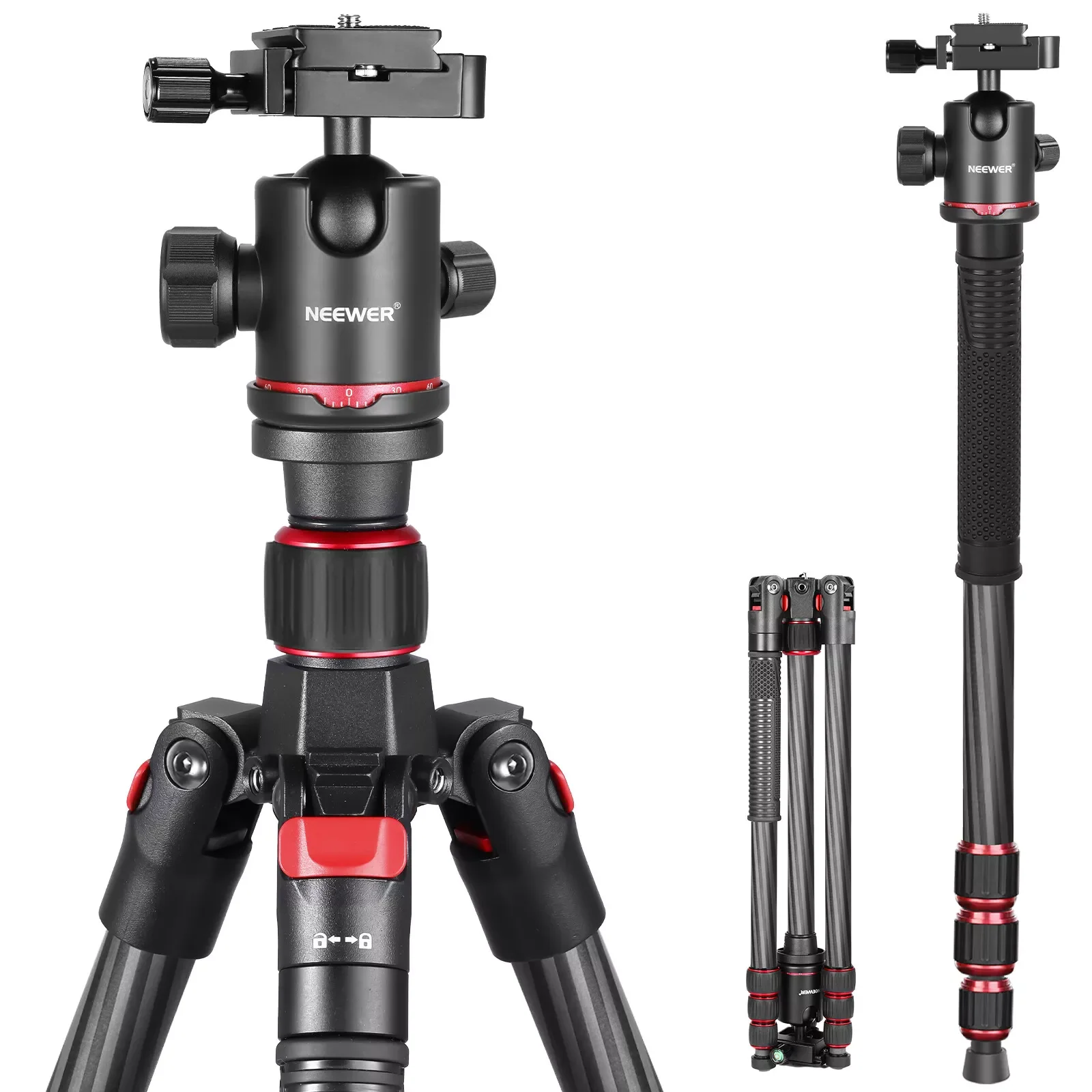 Tripod për Kamerë Neewer N55C, Fibër Karboni, 60.5-172cm, Ball Head 360°, Kapacitet 12kg, Monopod - Zezë 2