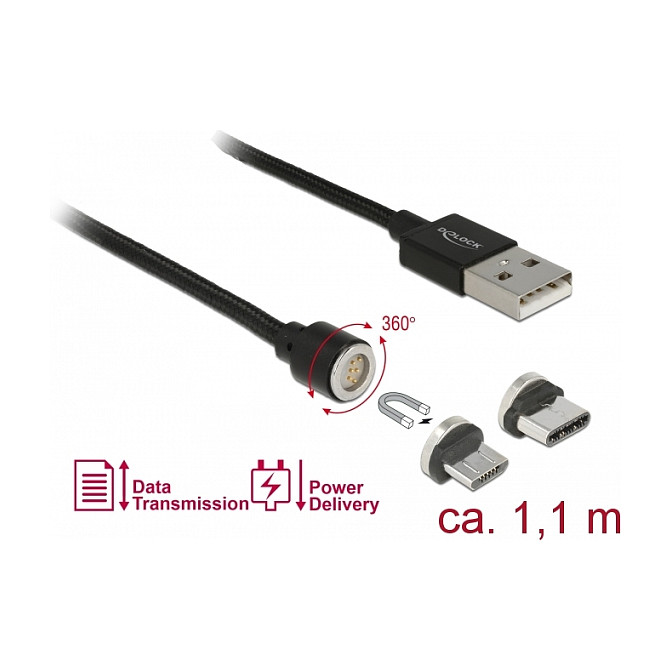 Kabllo USB magnetike DeLOCK 85723, USB Type-A mashkull në Micro-B dhe USB Type-C mashkull, USB 2.0, 480 Mbps, 2,4 A, 1,1 m - Zezë 2