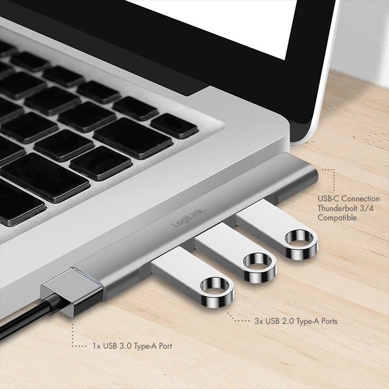 Hub USB-C LogiLink UA0437, 1x USB-A 3.0, 3x USB-A 2.0, 5Gbps, alumin - Argjend 3