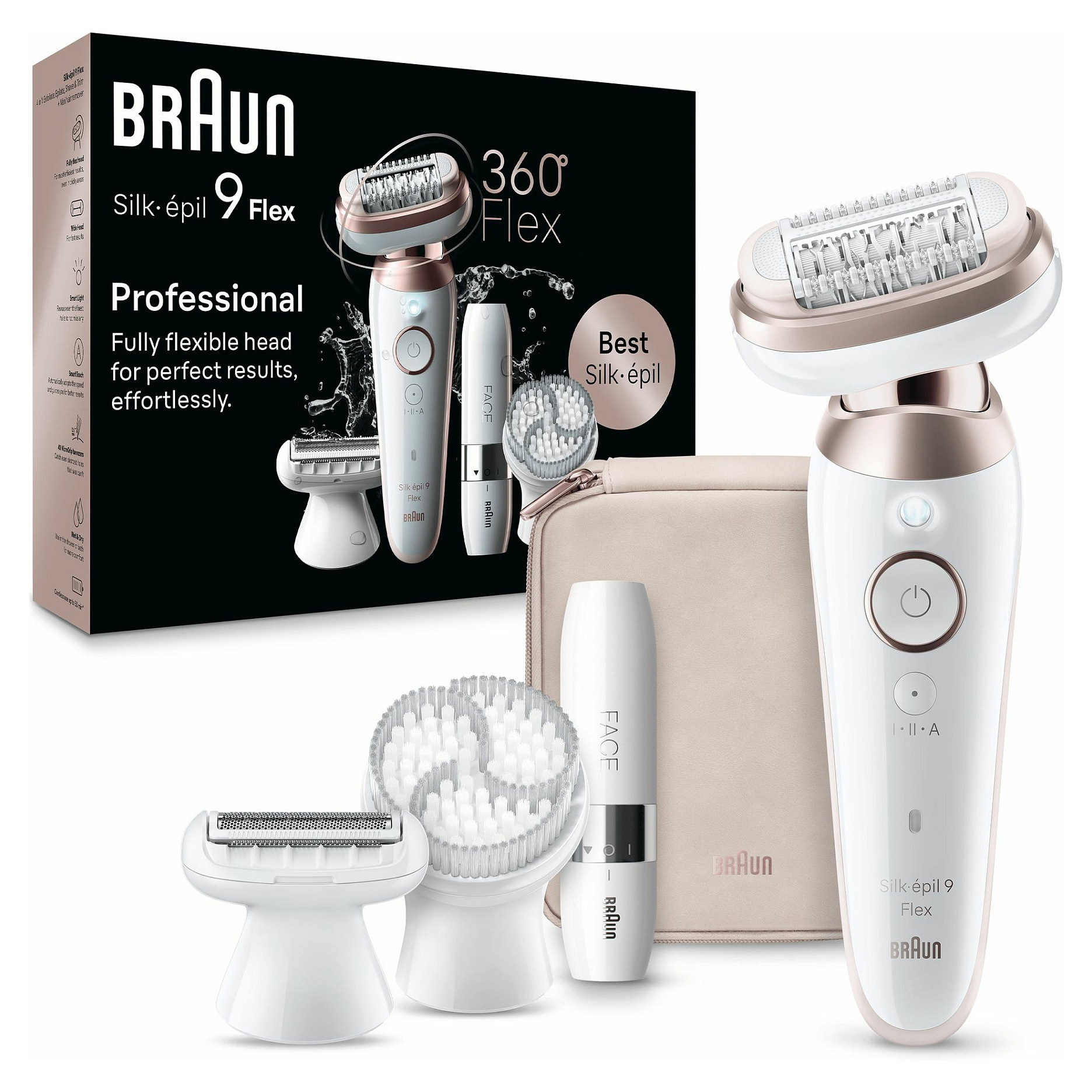 Depilator elektrik Braun Silk-épil 9 Flex 9-360 3D / 40 Pinceta / MicroGrip / Wet & Dry / 50 Min – Rozë/Bardhë