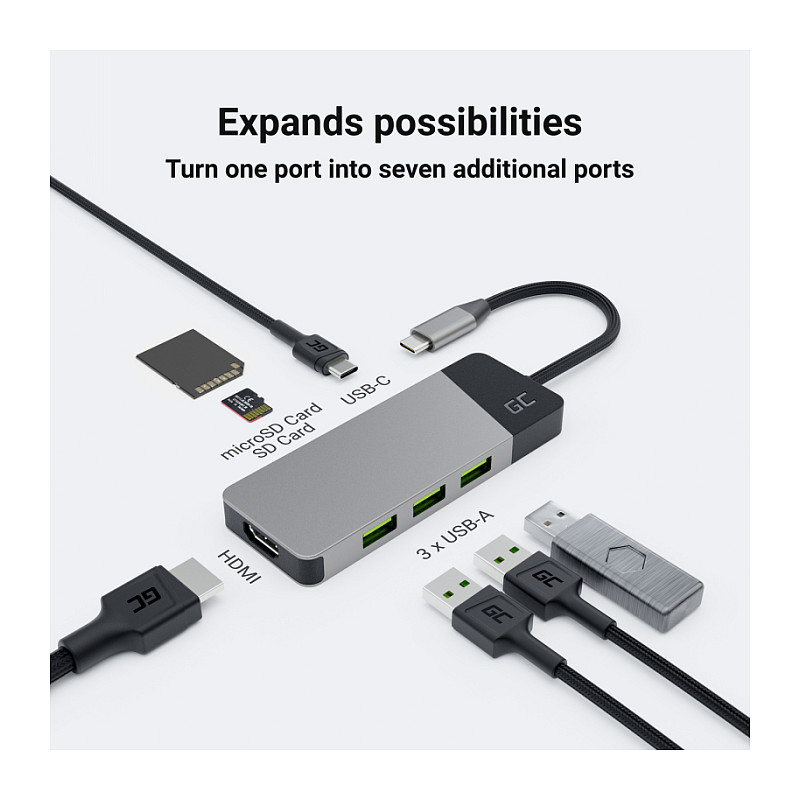 Qendër USB-C Green Cell HUBGC01, 7-në-1, 4K 60Hz, 85W, i hirtë 4