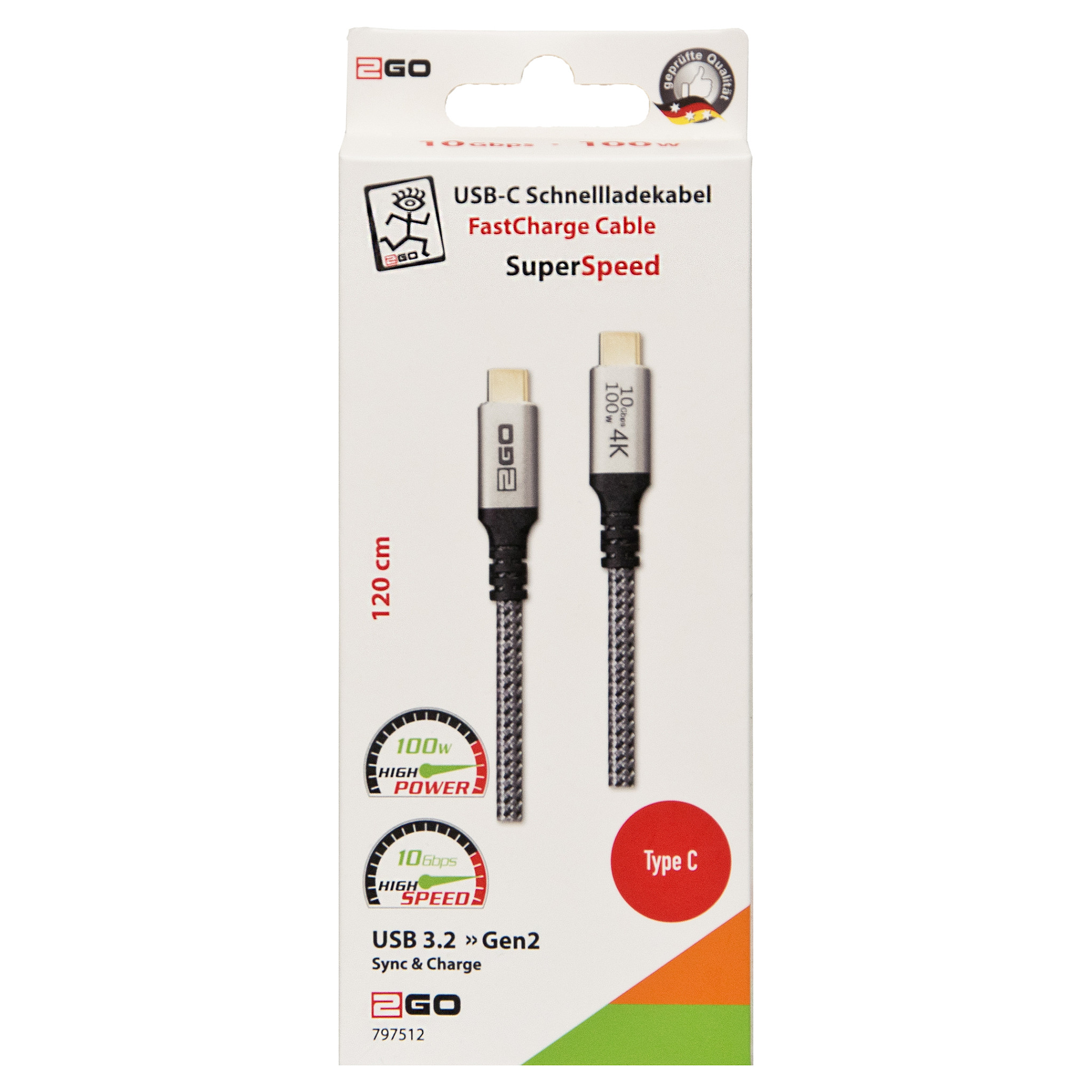 Kabllo 2GO 797512, USB-C në USB-C, USB 3.2 Gen 2, 1.2 m, 100W, 10 Gbps - Gri 2