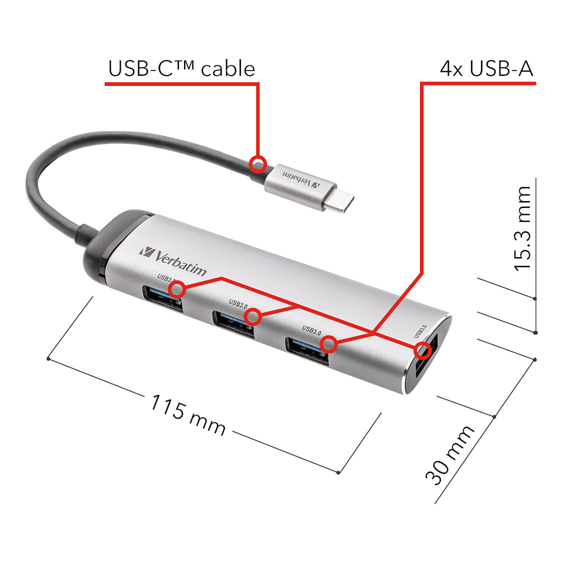 Hub USB-C Verbatim 49147, 4x USB-A, USB 3.2 Gen 1, 5Gbps, 15cm - Hiri, Bardhë 5