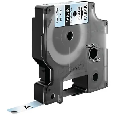 Shirit për Printer DYMO Rhino 18508 / Poliester / 9 mm × 5.5 m / Ngjitës Permanent / Shkrim i Zi mbi Transparent