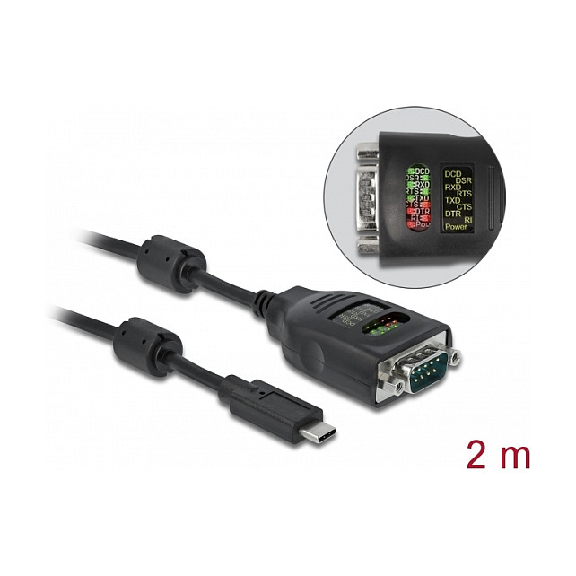 Kabllo USB DeLOCK 90414 / USB Type-C në Serial RS-232 / DB9 / FTDI / 460.8 Kbps / 9 LED / 2 m - Zezë 2