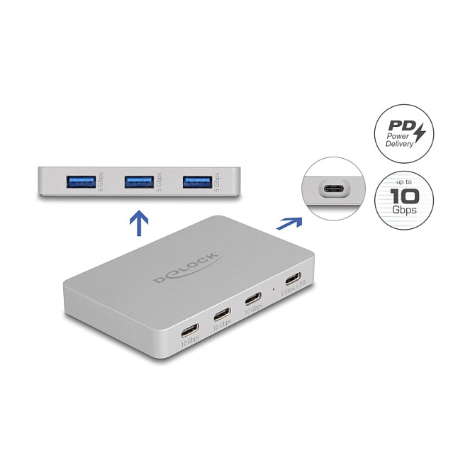 Hub USB DeLOCK 64279 / USB 10 Gbit/s / 4x USB-C + 3x USB-A / Power Delivery 82W / 0.8 m - Gri 2