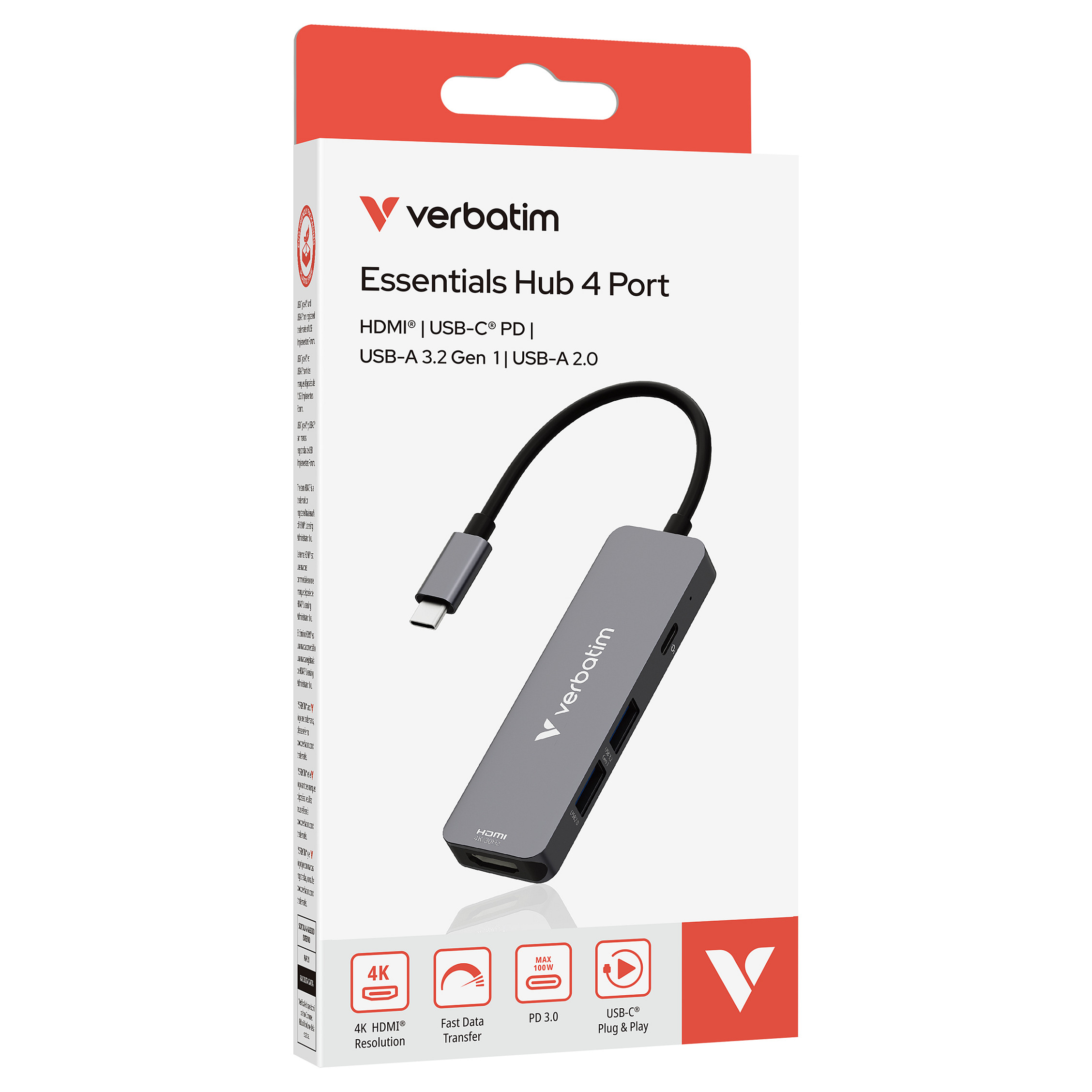 Hub USB-C Verbatim 32155, HDMI 4K@30Hz, USB-A 3.2 Gen 1 5 Gbps, USB-A 2.0, USB-C PD 100W, 18 cm – Gri 3