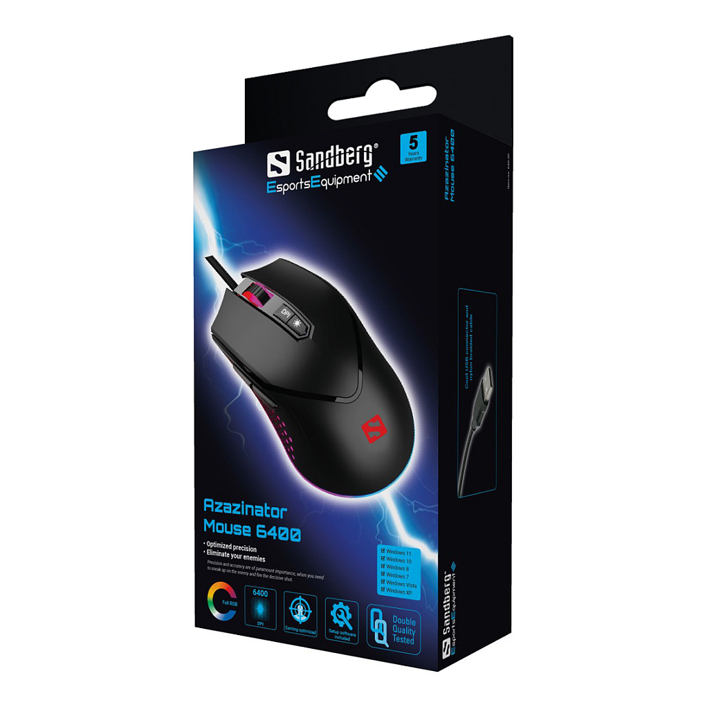 Maus Gaming Sandberg Azazinator Mouse 6400 / Sunplus 6651B / 6400 DPI / 7 Butona / USB 2.0 / 1.5m - Zezë 6