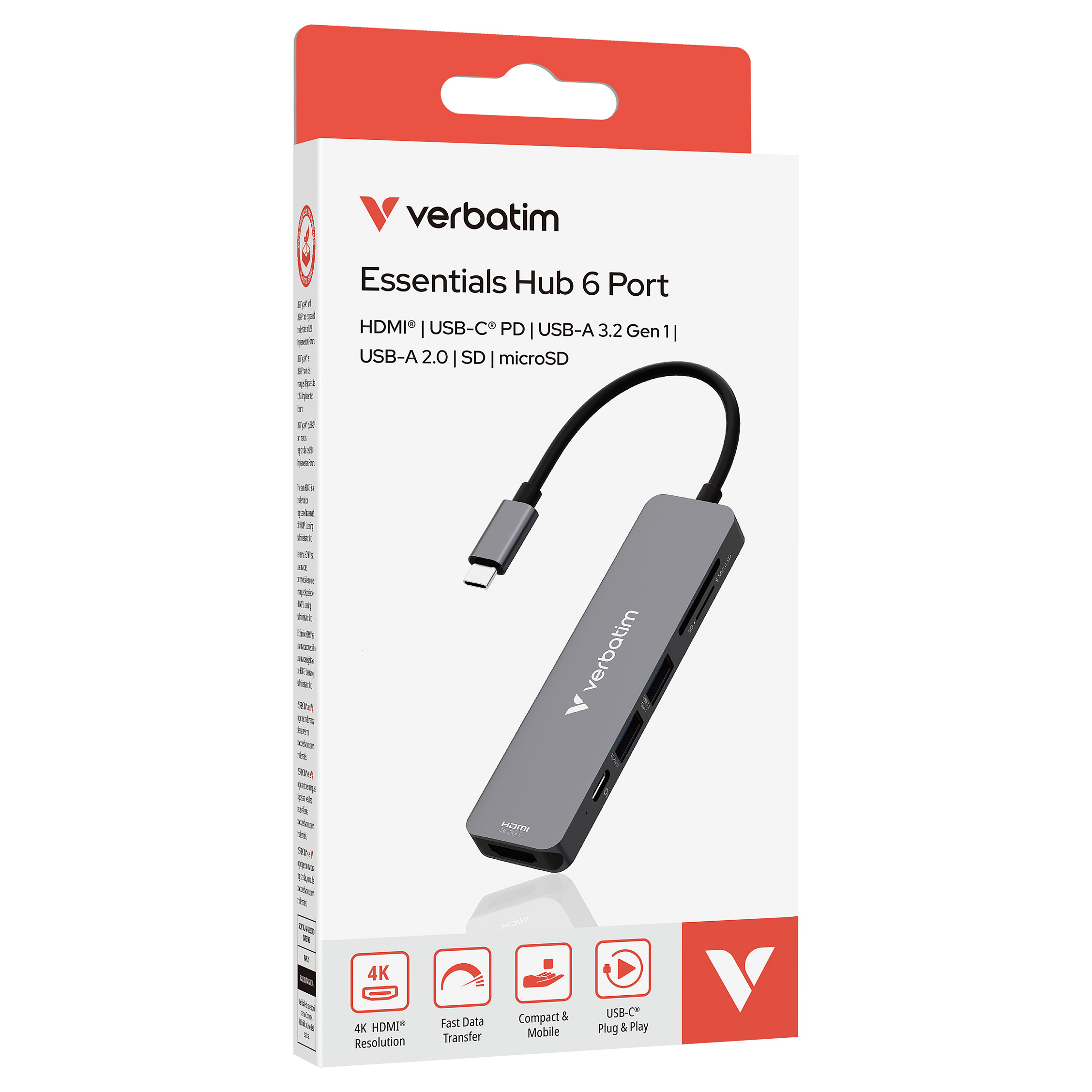 Hub USB-C Verbatim 32156, 6 Porta, HDMI 4K 30Hz, USB-A 3.2 Gen 1, USB-A 2.0, USB-C PD 100W, SD, microSD – Gri 3