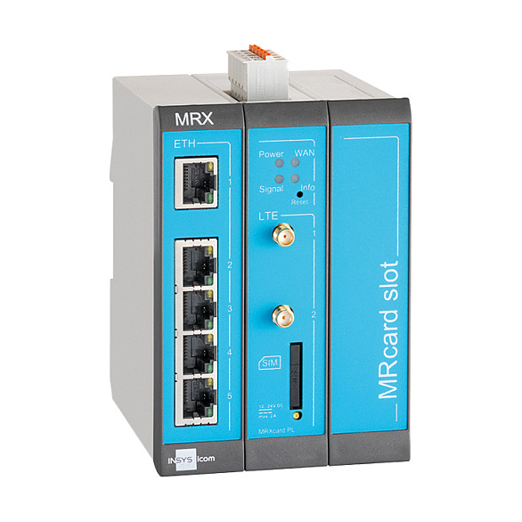 INSYS icom MRX5 LTE 1.1, Ruter Industrial 4G LTE, 5× Fast Ethernet 10/100 Mbps, 2× Hyrje Digjitale (DI), 3× Slot Zgjerimi MRcard, VPN, Firewall, Montim në DIN-Rail – Gri/Blu 5