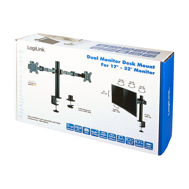 Mbajtëse për Monitor LogiLink BP0106 / 2 Monitorë / 17–32" / deri 12kg për Monitor / VESA 75x75 & 100x100 / Full Motion / 380mm - Zezë 8