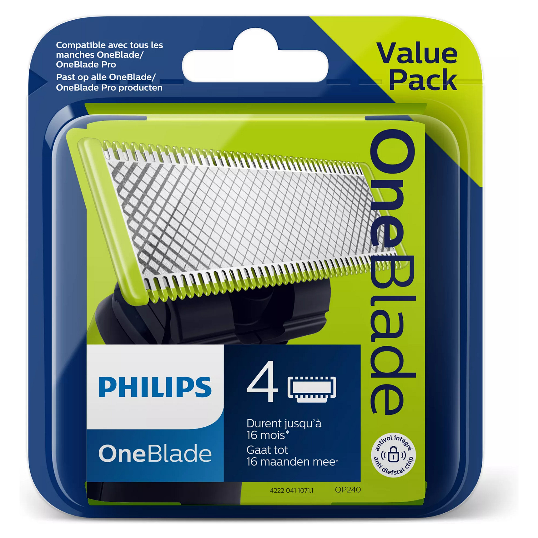 Teh zëvendësues për makinë rroje Philips OneBlade QP240/50 / Dual Protection / Contour-Following / 4 Muaj / 4 Copë - Argjend/Zezë/Gjelbër 2