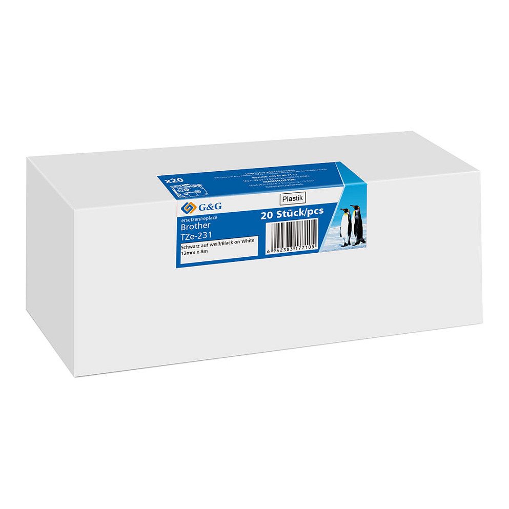 Shirit për Printer G&G 21568 / 20 Copë / Kompatibil me Brother TZe-231 / I Laminuar / 12 mm × 8 m - Shkrim i Zi mbi të Bardhë 3