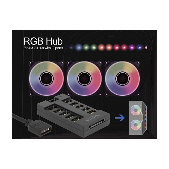 Hub RGB DeLOCK 64128 / ARGB 5V / 10 Porta / 3-pin / SATA / Mbajtje Magnetike - Zezë 3