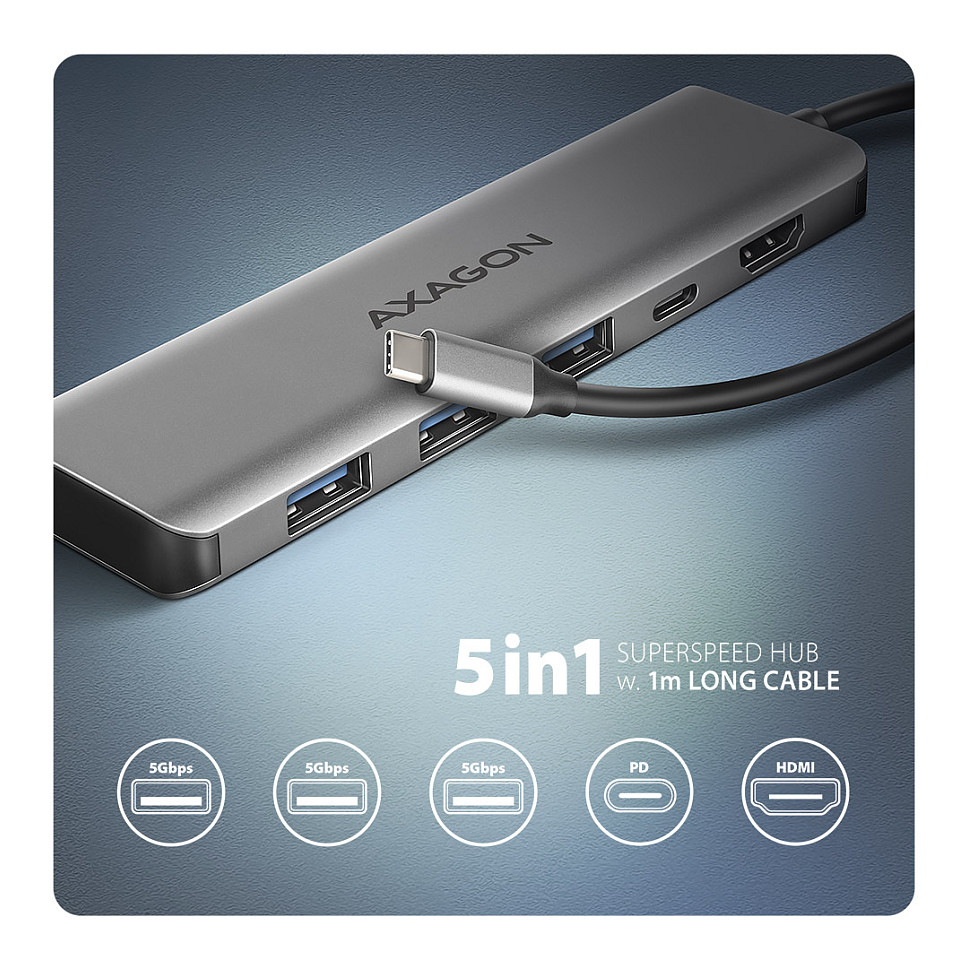 USB-C Hub AXAGON HMC-5H, 3× USB-A, HDMI 4K, USB-C PD 100W - Argjend 2