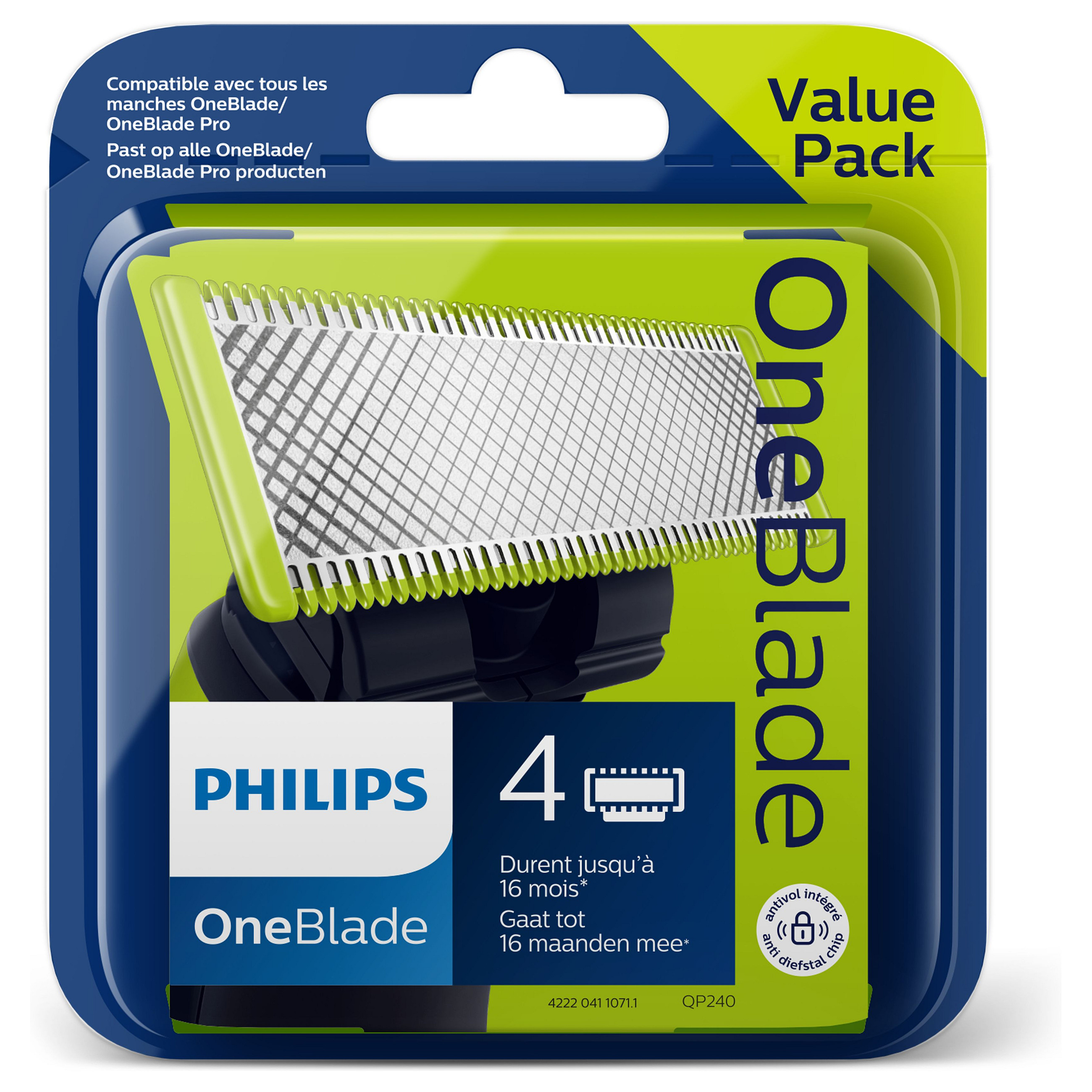 Teh zëvendësues për makinë rroje Philips OneBlade QP240/50 / Dual Protection / Contour-Following / 4 Muaj / 4 Copë - Argjend/Zezë/Gjelbër 4
