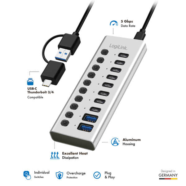 Hub USB-C LogiLink UA0448, 2x USB-A, 8x USB-C, USB 3.2 Gen 1, 5Gbps, me çelësa - Bardhë 2