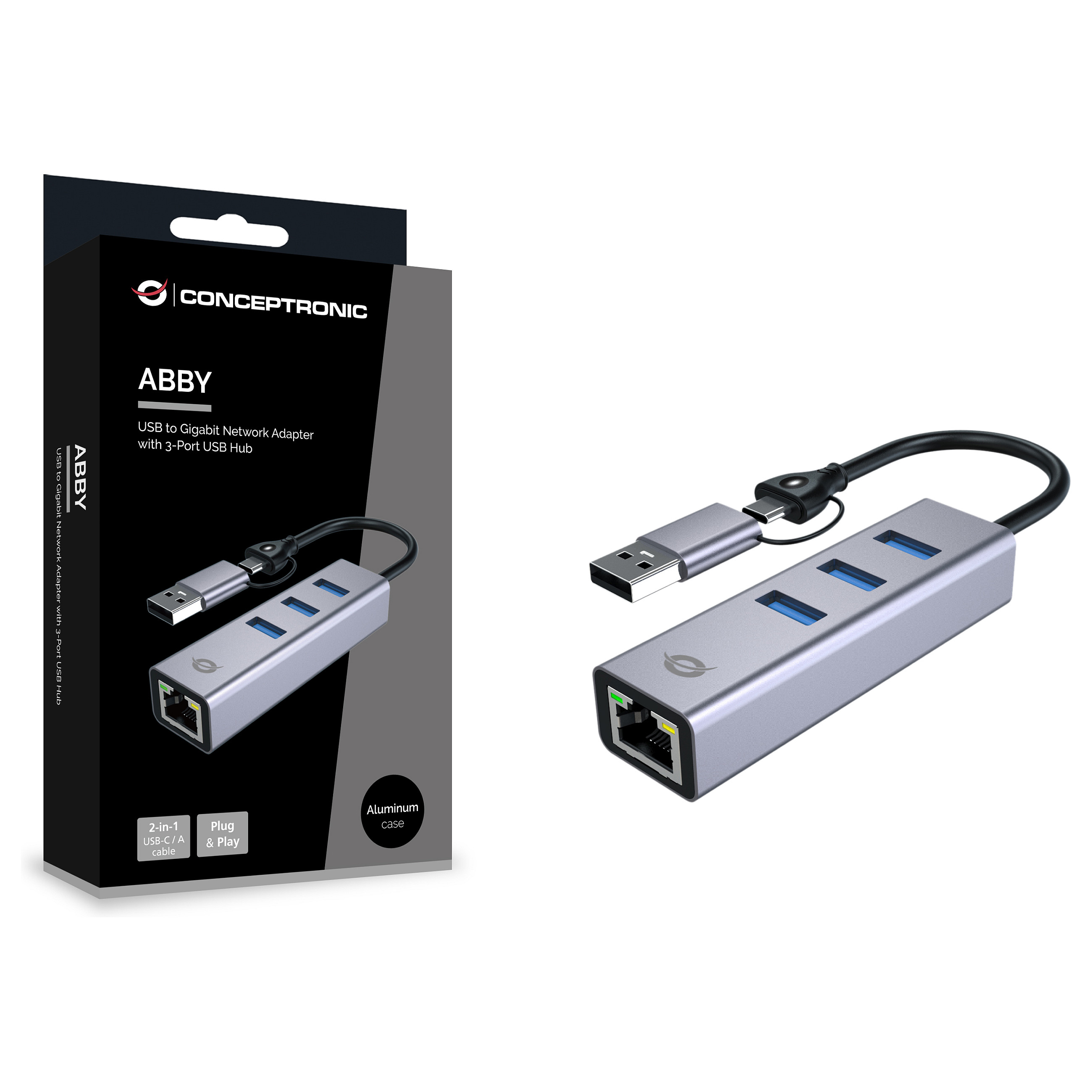 Hub Conceptronic ABBY25G, 3x USB-A, Gigabit Ethernet, USB 3.2 Gen 1, 5Gbps - Gri 6